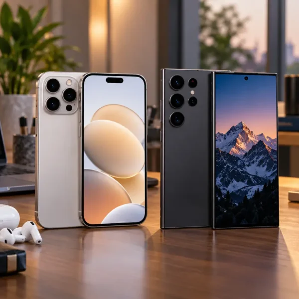 Two premium smartphones representing Apple and Samsung ecosystems on a modern technology desk with connected devices around them.
