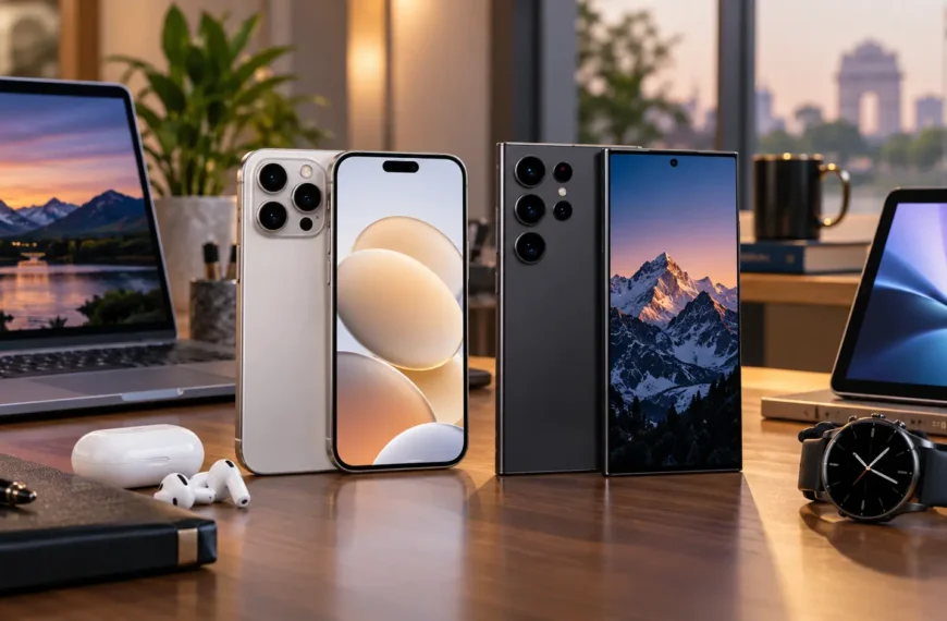 Two premium smartphones representing Apple and Samsung ecosystems on a modern technology desk with connected devices around them.