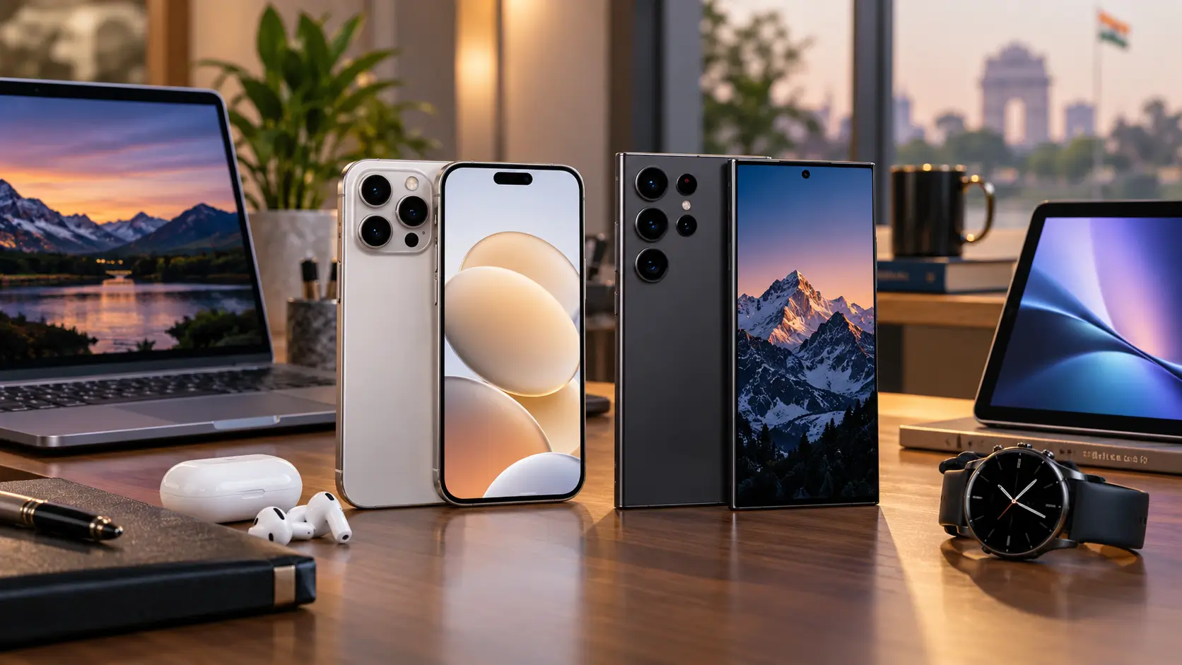 Two premium smartphones representing Apple and Samsung ecosystems on a modern technology desk with connected devices around them.