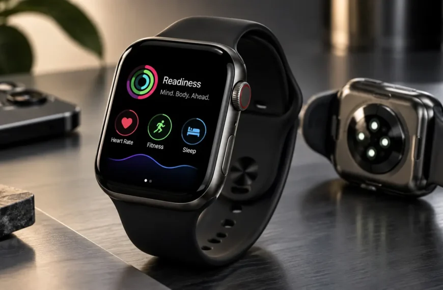 Apple Watch Series 12 smartwatch shown with its health sensors and readiness interface