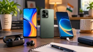 Modern Android smartphones arranged for comparison on a contemporary desk in India