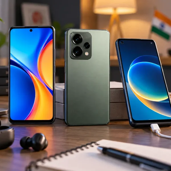 Modern Android smartphones arranged for comparison on a contemporary desk in India