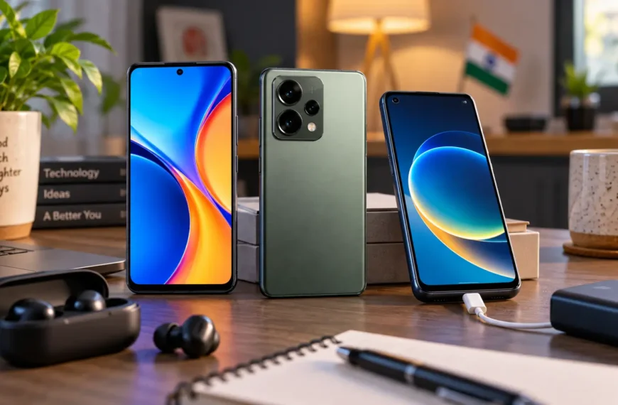 Modern Android smartphones arranged for comparison on a contemporary desk in India