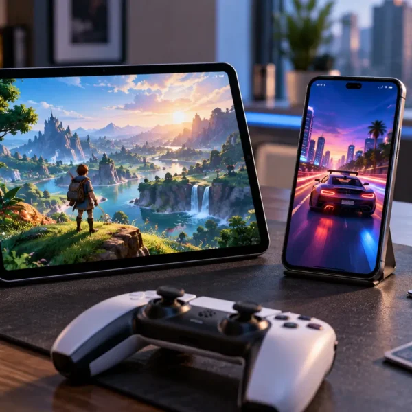 Apple-style smartphone and tablet displaying generic mobile game scenes on a modern technology desk