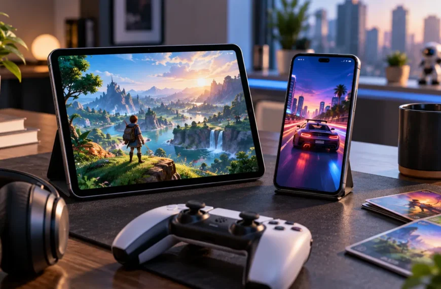 Apple-style smartphone and tablet displaying generic mobile game scenes on a modern technology desk