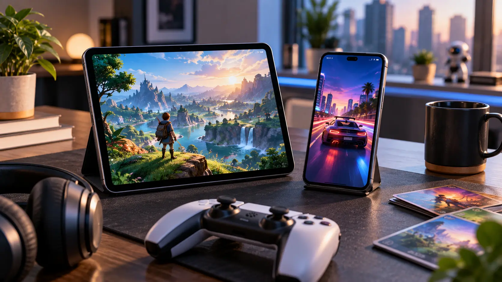 Apple-style smartphone and tablet displaying generic mobile game scenes on a modern technology desk