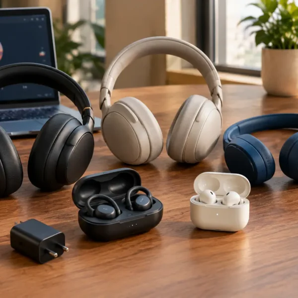 Different wireless headphones and earbuds arranged on a premium technology desk for a Beats buying guide.