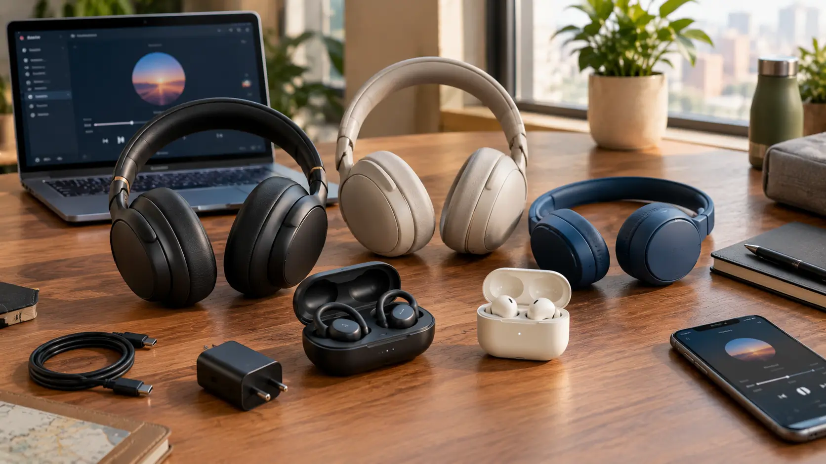 Different wireless headphones and earbuds arranged on a premium technology desk for a Beats buying guide.