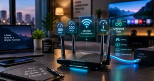Modern fiber broadband router representing high-speed home internet plans in India.