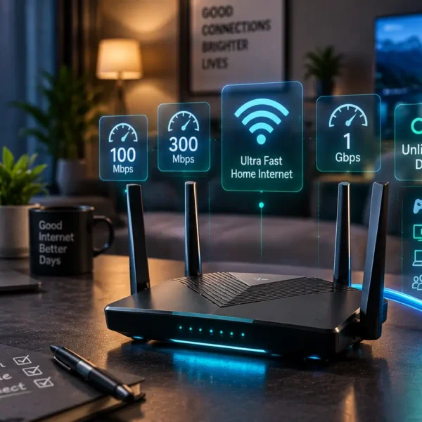 Modern fiber broadband router representing high-speed home internet plans in India.
