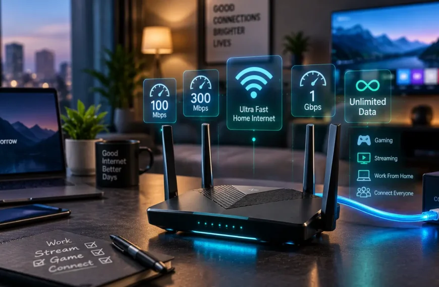 Modern fiber broadband router representing high-speed home internet plans in India.