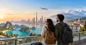 Indian travellers planning a foreign trip with international destinations in the background