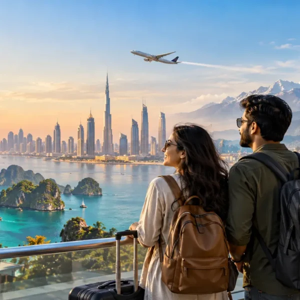 Indian travellers planning a foreign trip with international destinations in the background