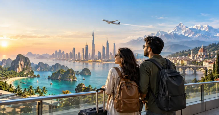 Indian travellers planning a foreign trip with international destinations in the background