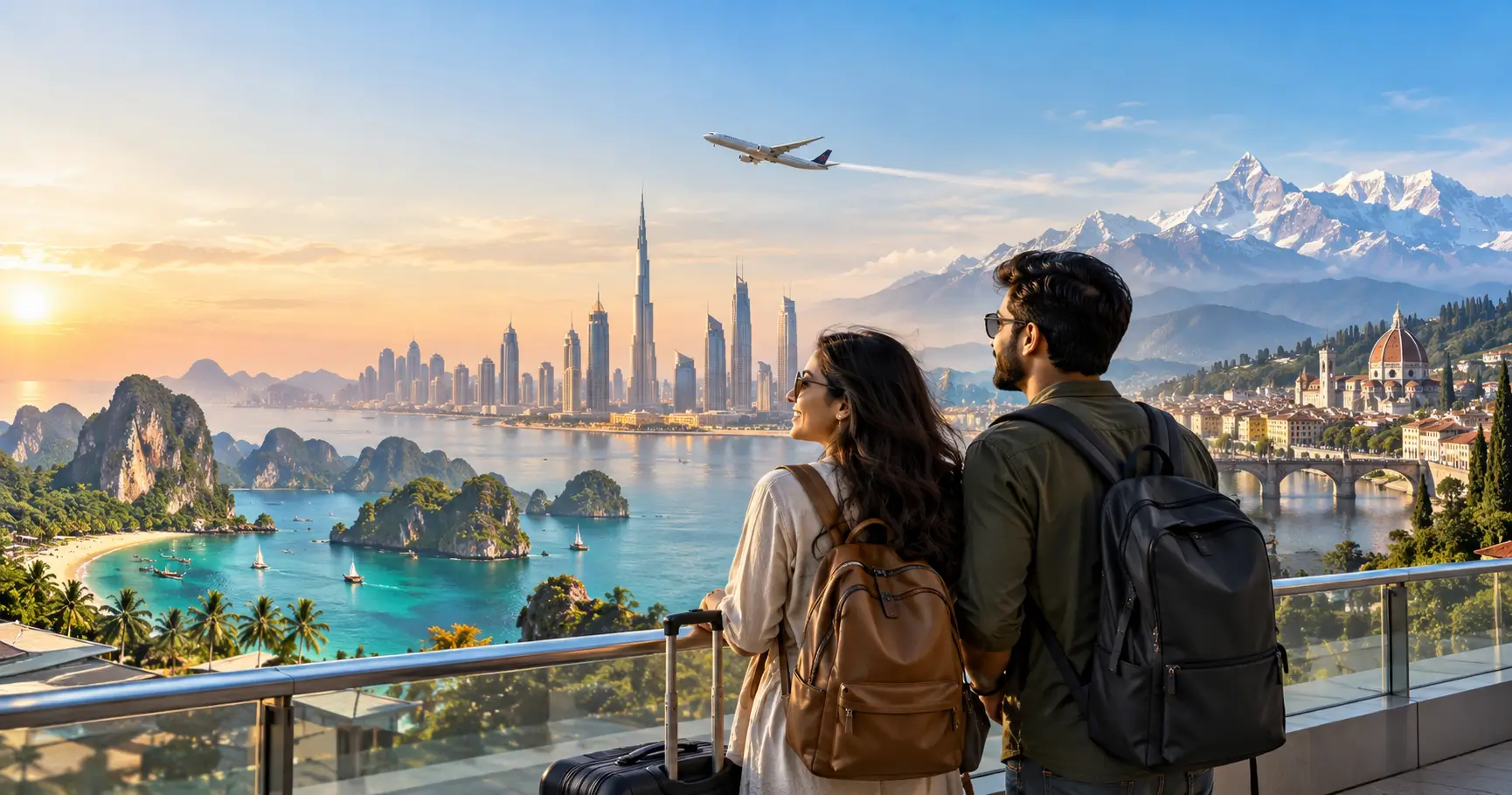 Indian travellers planning a foreign trip with international destinations in the background