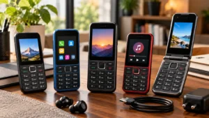 Modern keypad and feature phones arranged on a technology desk for an India buying guide.