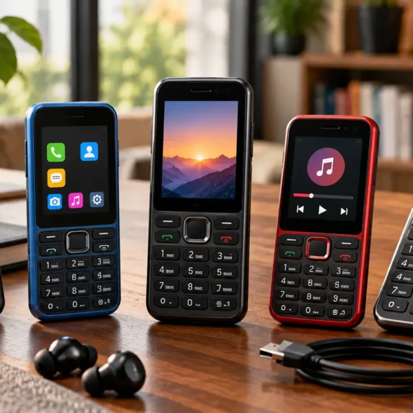 Modern keypad and feature phones arranged on a technology desk for an India buying guide.