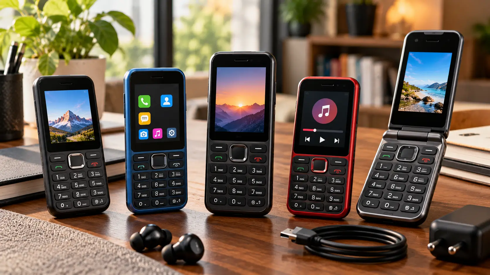 Modern keypad and feature phones arranged on a technology desk for an India buying guide.