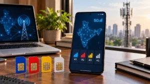 Generic smartphones and mobile-network connectivity concepts arranged on a modern Indian technology desk.