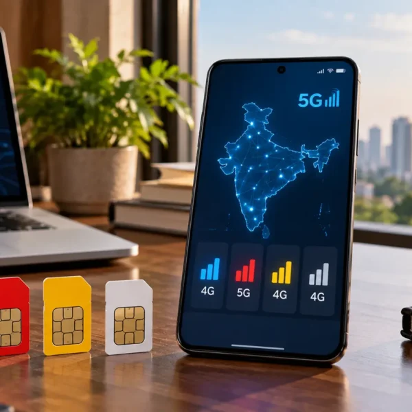 Generic smartphones and mobile-network connectivity concepts arranged on a modern Indian technology desk.