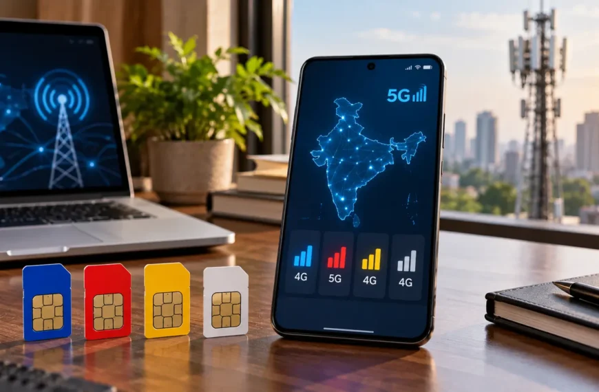 Generic smartphones and mobile-network connectivity concepts arranged on a modern Indian technology desk.