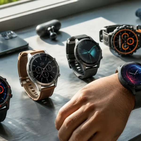 Best round smartwatches with circular AMOLED displays arranged on a modern technology desk