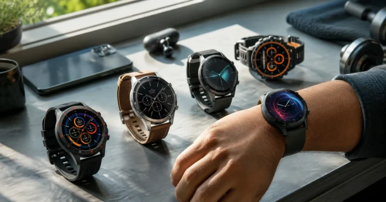 Best round smartwatches with circular AMOLED displays arranged on a modern technology desk