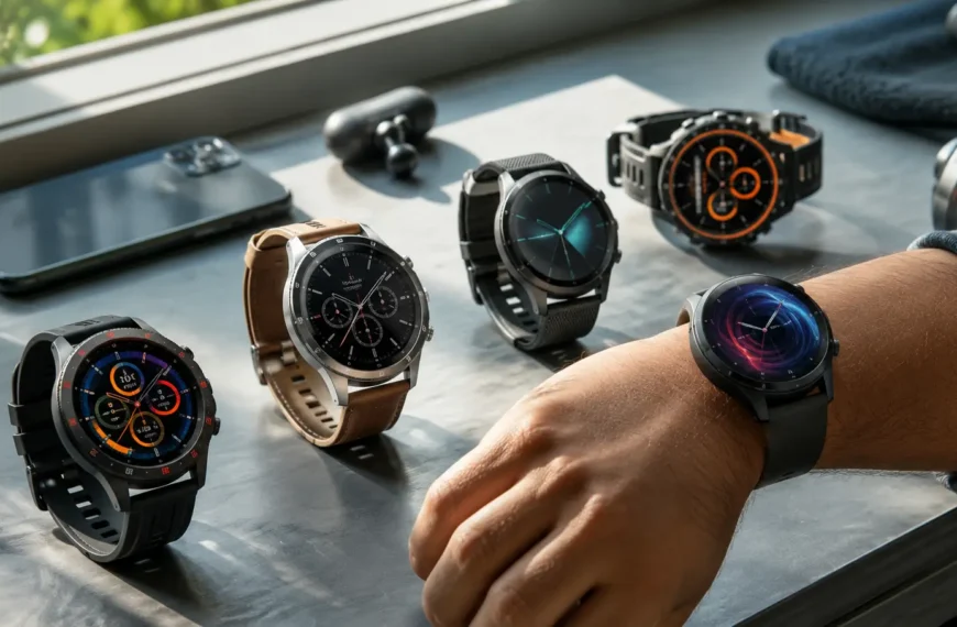 Best round smartwatches with circular AMOLED displays arranged on a modern technology desk