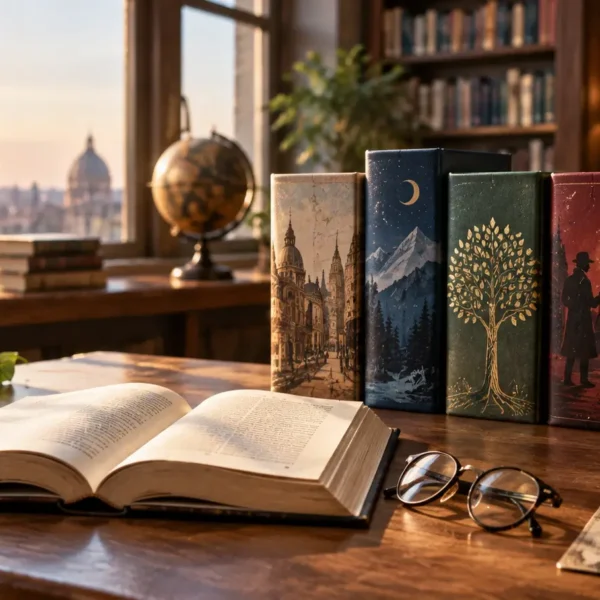 Collection of bestselling books arranged on a reading desk in a library