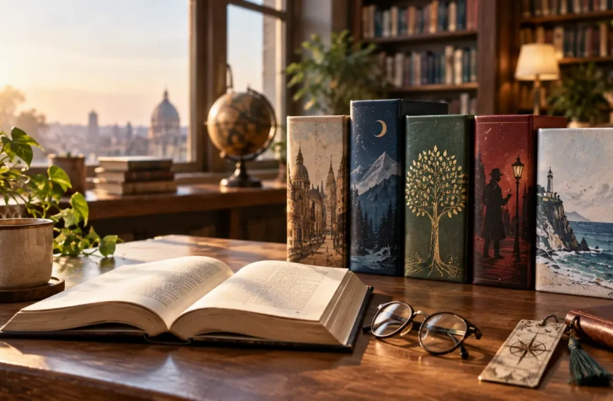 Collection of bestselling books arranged on a reading desk in a library