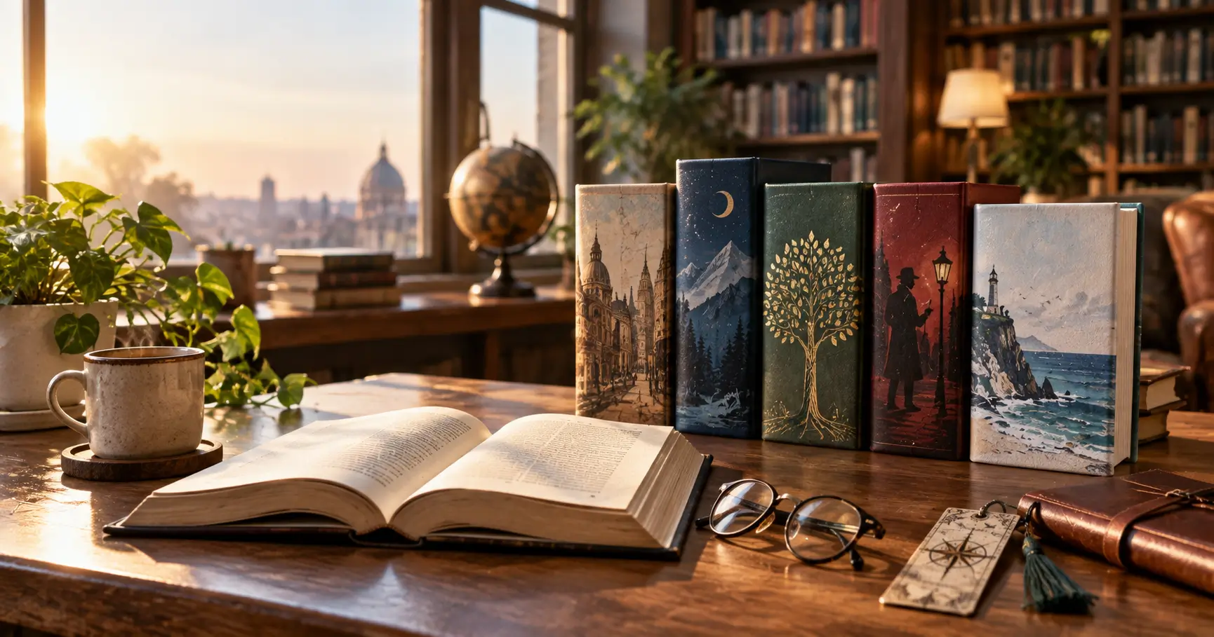 Collection of bestselling books arranged on a reading desk in a library