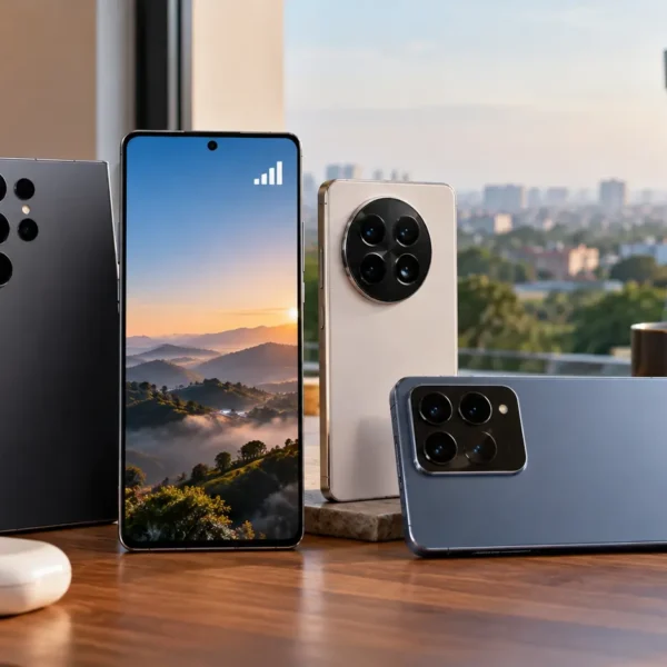 Four modern smartphones arranged on a technology desk representing mobile network reception in India