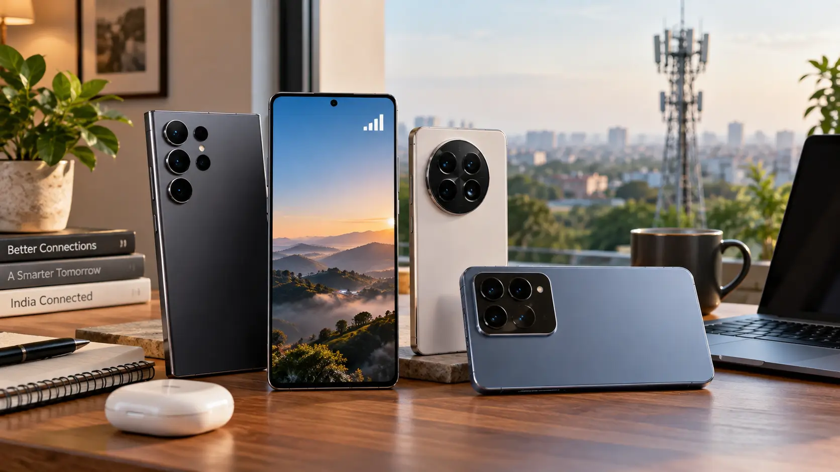 Four modern smartphones arranged on a technology desk representing mobile network reception in India