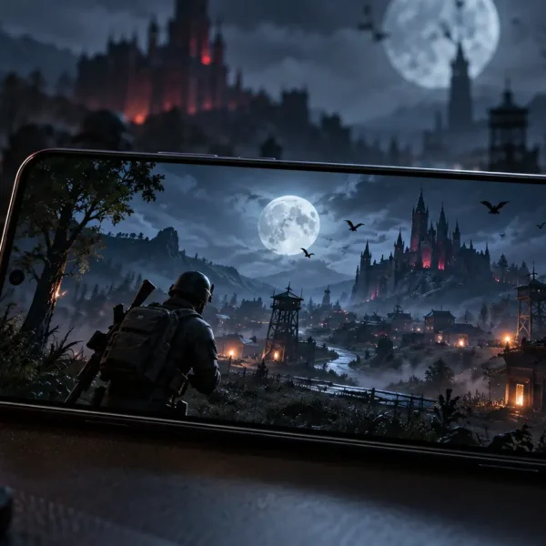 Smartphone displaying a fictional dark supernatural battle-royale scene representing the BGMI 4.6 Midnight Hunters update.