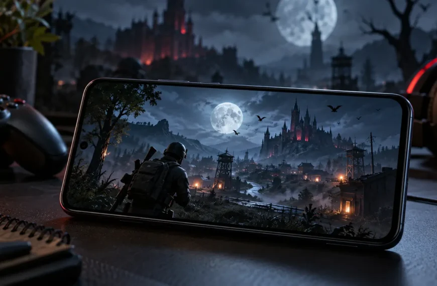 Smartphone displaying a fictional dark supernatural battle-royale scene representing the BGMI 4.6 Midnight Hunters update.