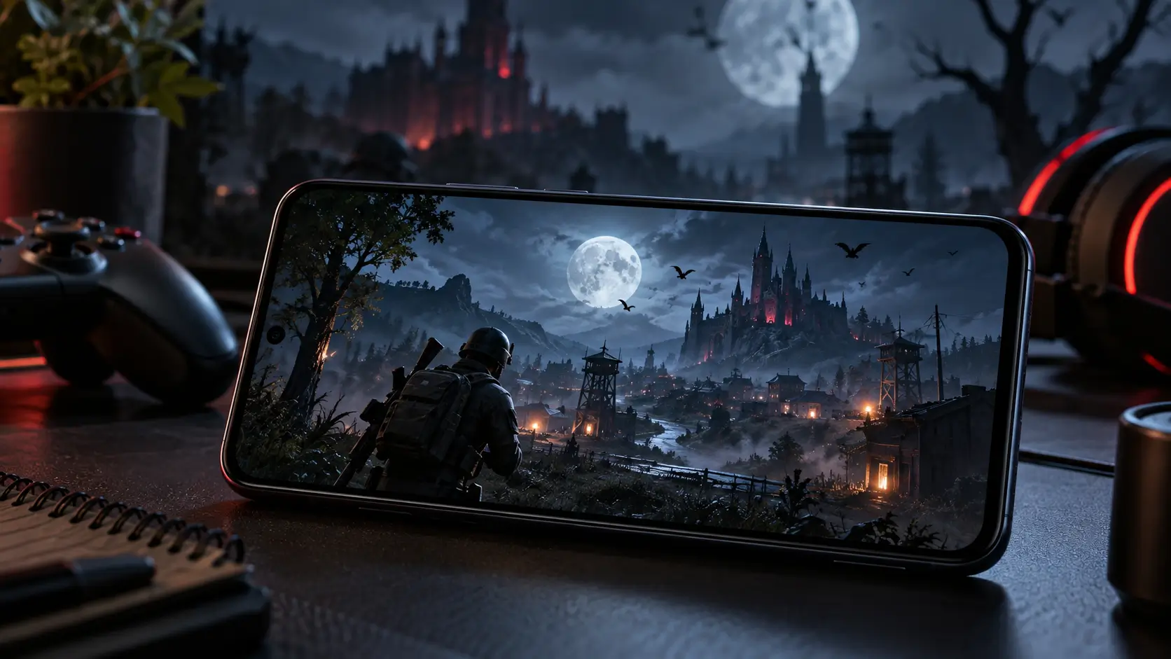 Smartphone displaying a fictional dark supernatural battle-royale scene representing the BGMI 4.6 Midnight Hunters update.