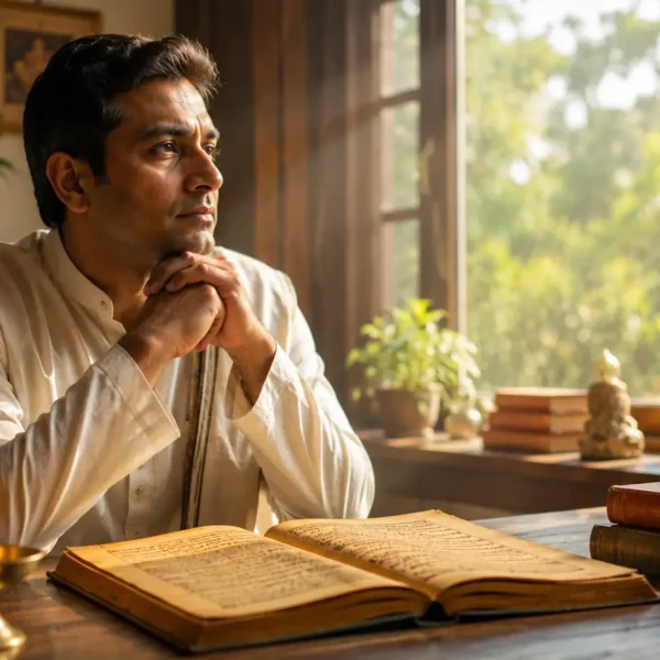 Indian reader reflecting on Bhagavad Gita teachings beside an open scripture in warm natural light