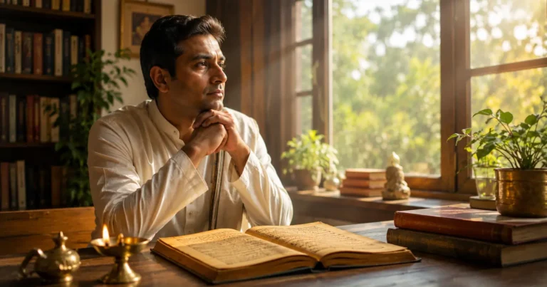 Indian reader reflecting on Bhagavad Gita teachings beside an open scripture in warm natural light