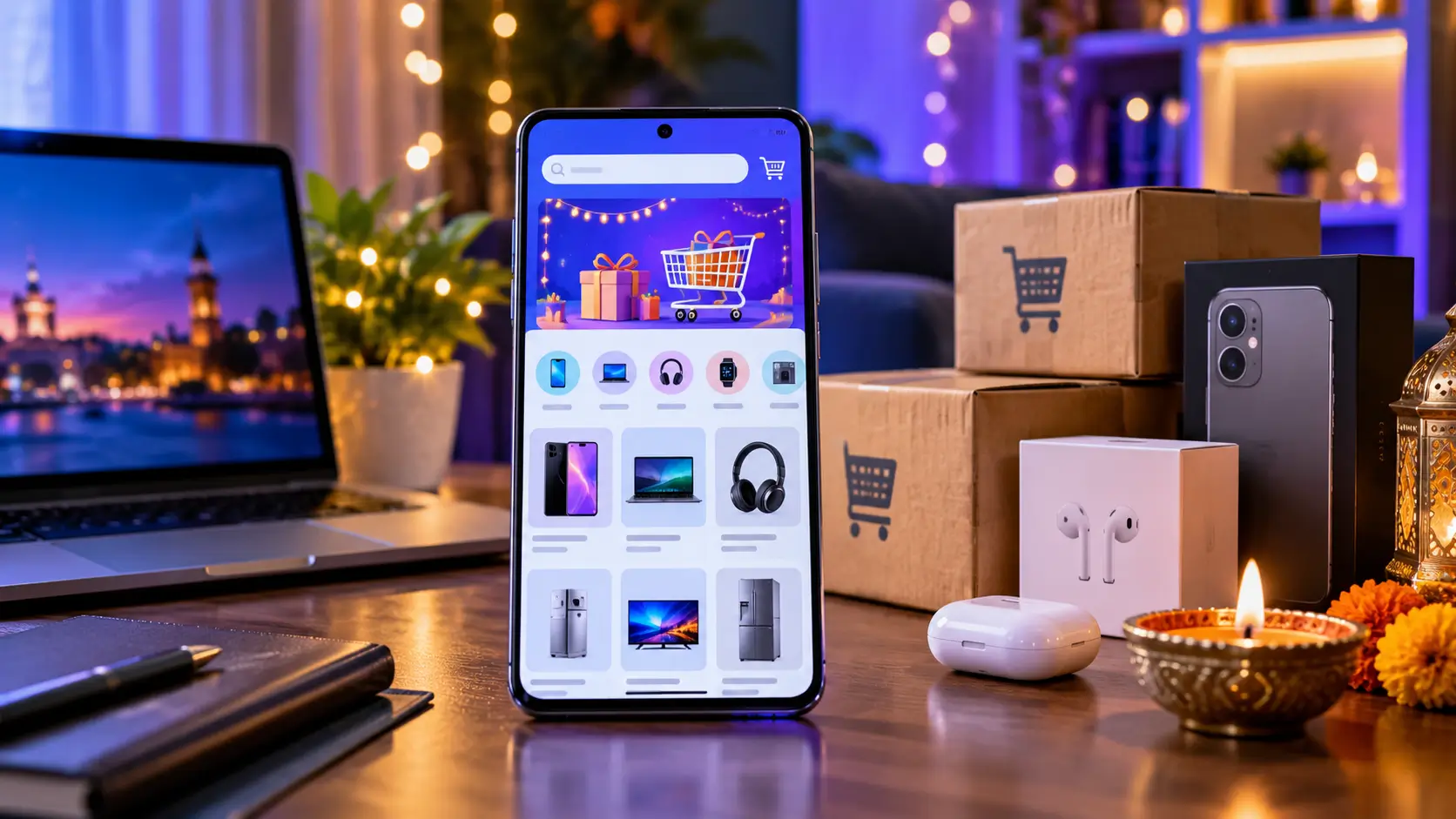 Modern smartphone and shopping packages representing Flipkart Big Billion Days 2026 festive online sale in India.