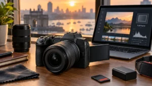 Canon EOS R8-style full-frame mirrorless camera on a photography desk representing its 2026 India price and features