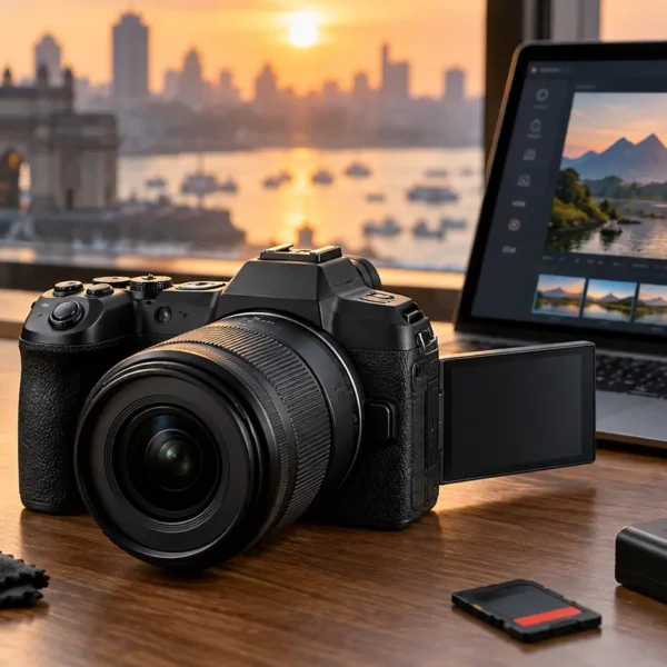 Canon EOS R8-style full-frame mirrorless camera on a photography desk representing its 2026 India price and features