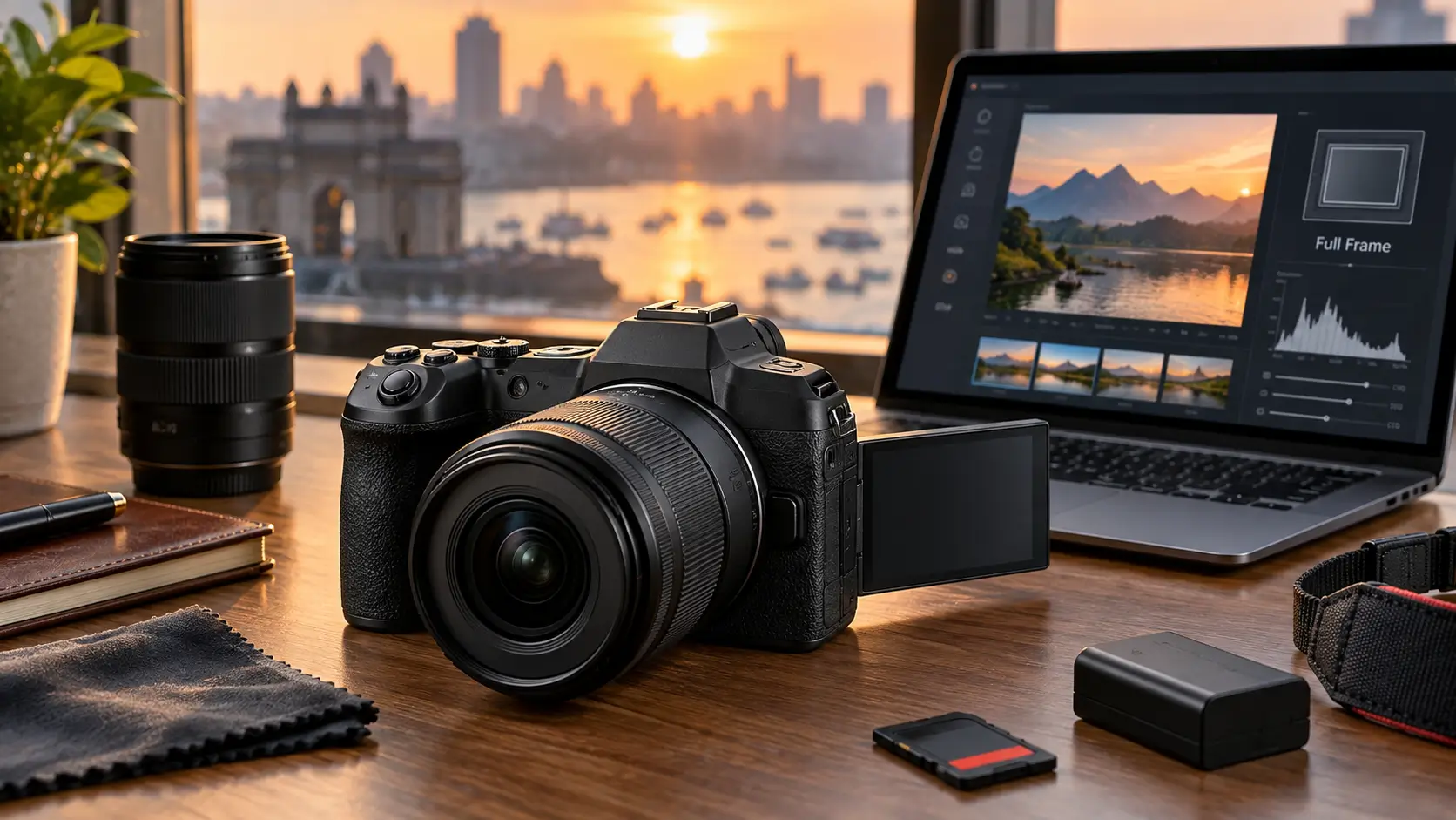Canon EOS R8-style full-frame mirrorless camera on a photography desk representing its 2026 India price and features