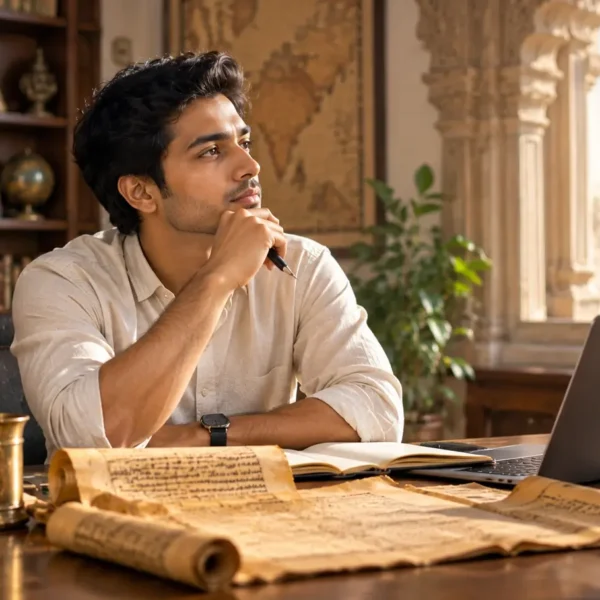 Young Indian professional reflecting on Chanakya Niti lessons in a scholarly library