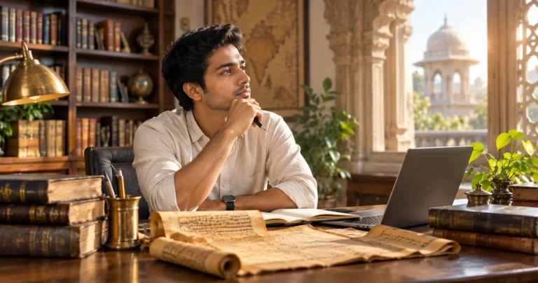 Young Indian professional reflecting on Chanakya Niti lessons in a scholarly library