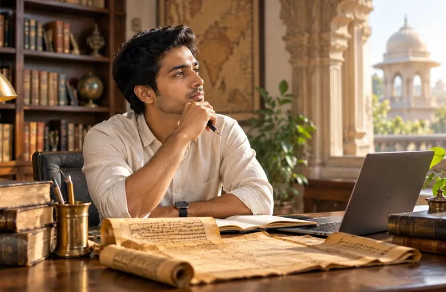 Young Indian professional reflecting on Chanakya Niti lessons in a scholarly library