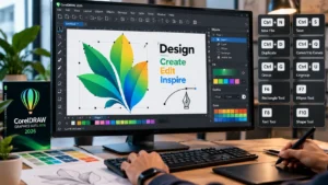 CorelDRAW workstation showing vector design tools and keyboard shortcuts