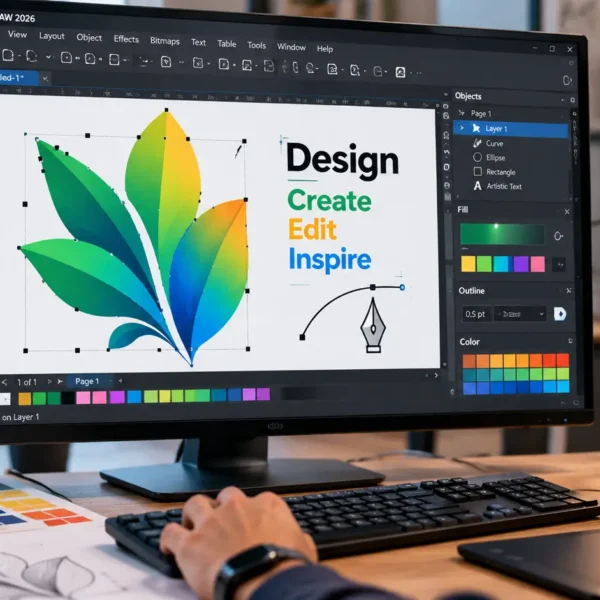 CorelDRAW workstation showing vector design tools and keyboard shortcuts