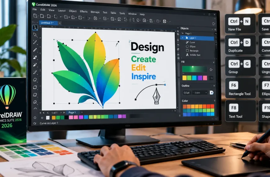 CorelDRAW workstation showing vector design tools and keyboard shortcuts