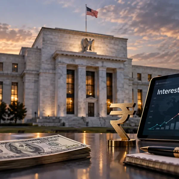 U.S. Federal Reserve building with dollar and Indian rupee financial imagery representing the September 2026 Fed rate decision
