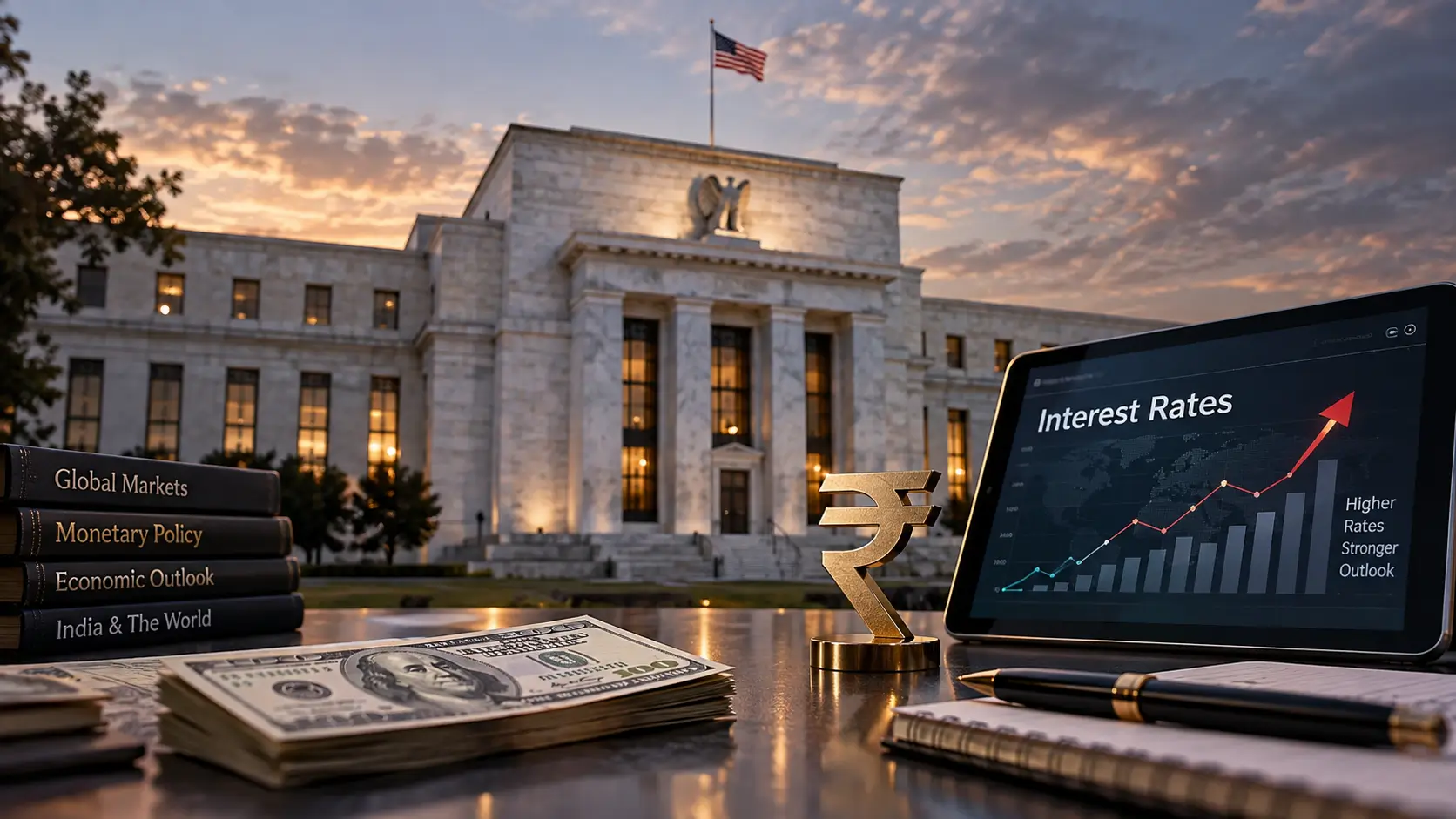 U.S. Federal Reserve building with dollar and Indian rupee financial imagery representing the September 2026 Fed rate decision